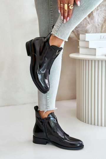 com efeito verniz sapatos de salto baixo para mulheres com salto largo aquecimento cor preta S.Barski HY42-120 cor preta