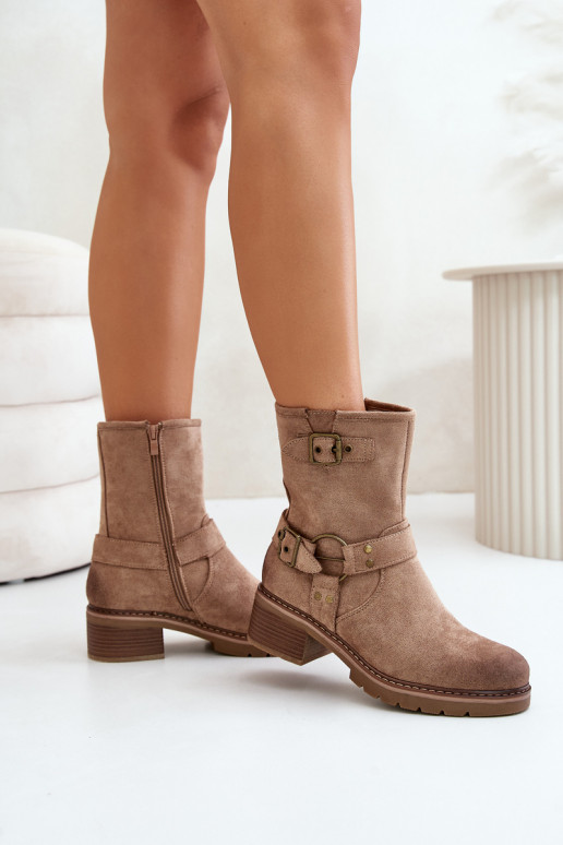 Botas femininas De salto baixo com fivelas bege Zudra