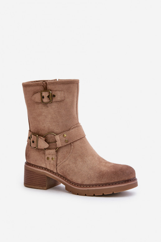 Botas femininas De salto baixo com fivelas bege Zudra