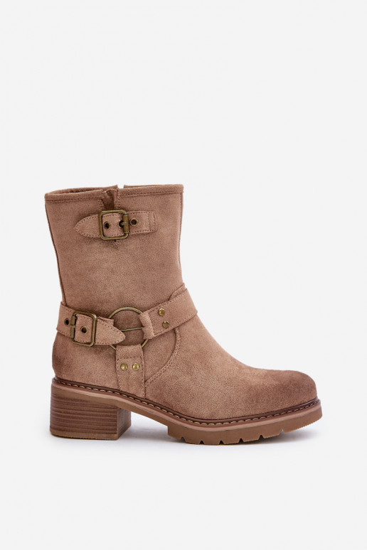 Botas femininas De salto baixo com fivelas bege Zudra