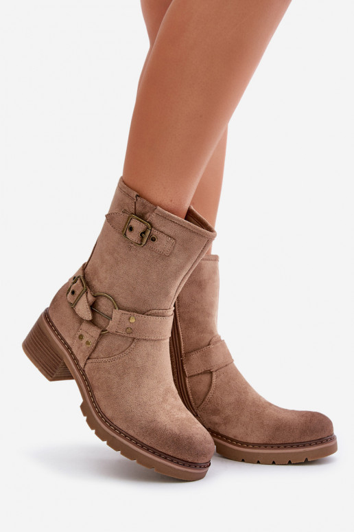 Botas femininas De salto baixo com fivelas bege Zudra