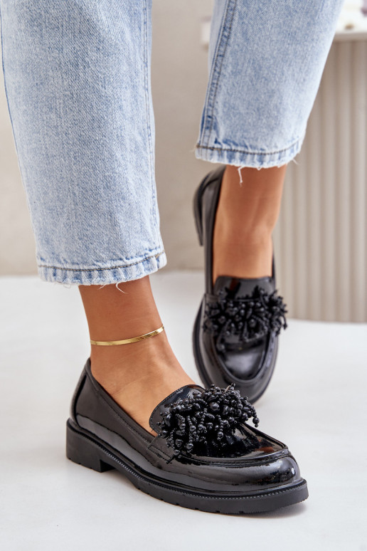 Feminino Mocassins com efeito verniz S.Barski HY369A cor preta Feminino Mocassins com efeito verniz S.Barski HY369A cor preta