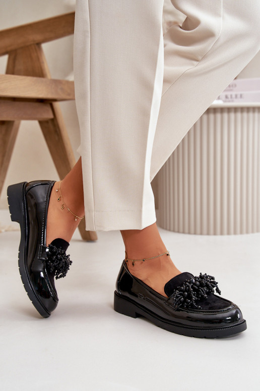 Feminino Mocassins com efeito verniz S.Barski HY369A cor preta Feminino Mocassins com efeito verniz S.Barski HY369A cor preta