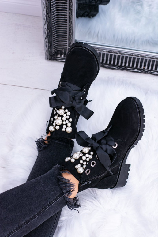 de camurça aquecimento Botas com pérolas artificiais e fita cor preta Perla