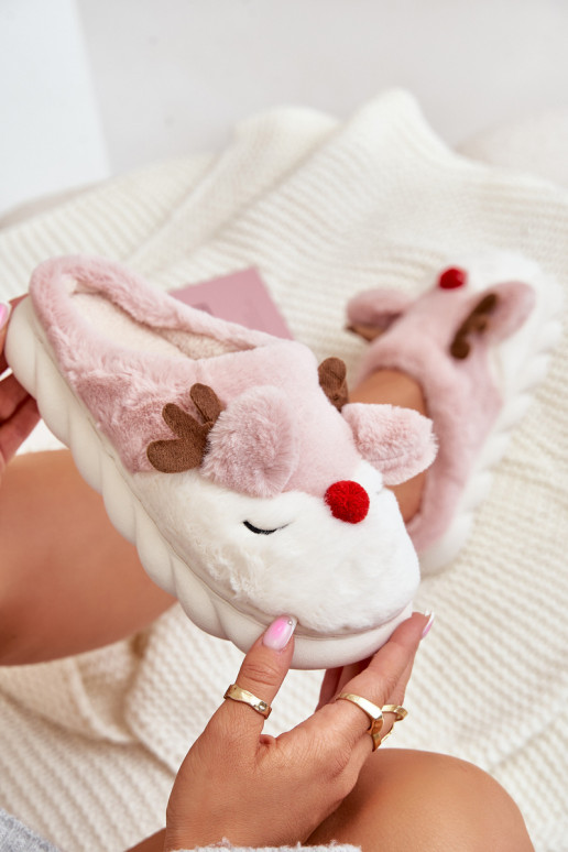 com um casaco de pele Chinelos Feminino Com um tema Rena cor rosa EMistira com um casaco de pele Chinelos Feminino Com um tema Rena cor rosa EMistira