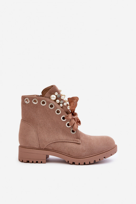 de camurça aquecimento Botas com pérolas artificiais e fita bege Perla