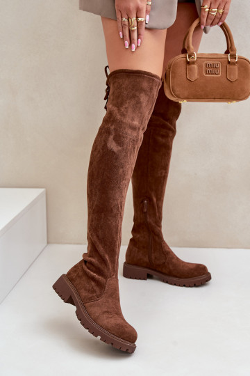 botas acima do joelho com salto largo Z de camurça ecológicau cor marrom Arkelia 2