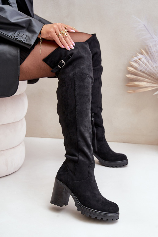 botas com salto com uma bota acima do joelho aquecimento cor preta Niaviera