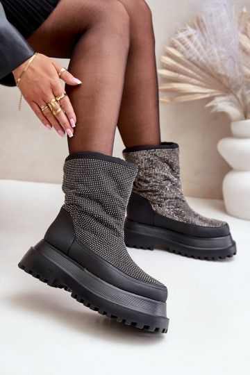 Decorado Botas de neve com uma plataforma E saltos baixos cor preta Avivina