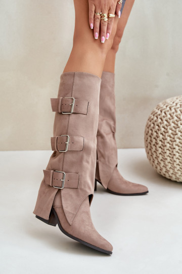 botas com salto Z EMyParainiętą CholeParaką I com fivelasmi bege Vamissa