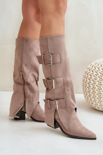 botas com salto Z EMyParainiętą CholeParaką I com fivelasmi bege Vamissa 2