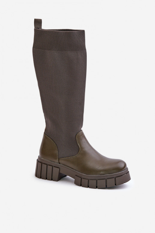 botas Com topo flexível com salto largo cor cáqui Mesidra botas Com topo flexível com salto largo cor cáqui Mesidra