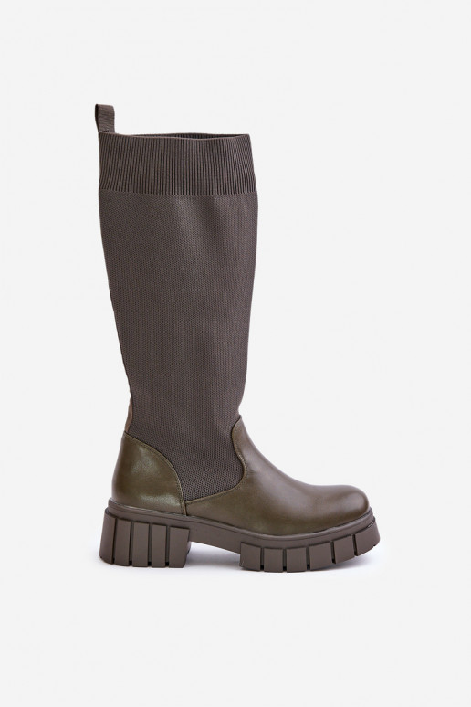 botas Com topo flexível com salto largo cor cáqui Mesidra botas Com topo flexível com salto largo cor cáqui Mesidra