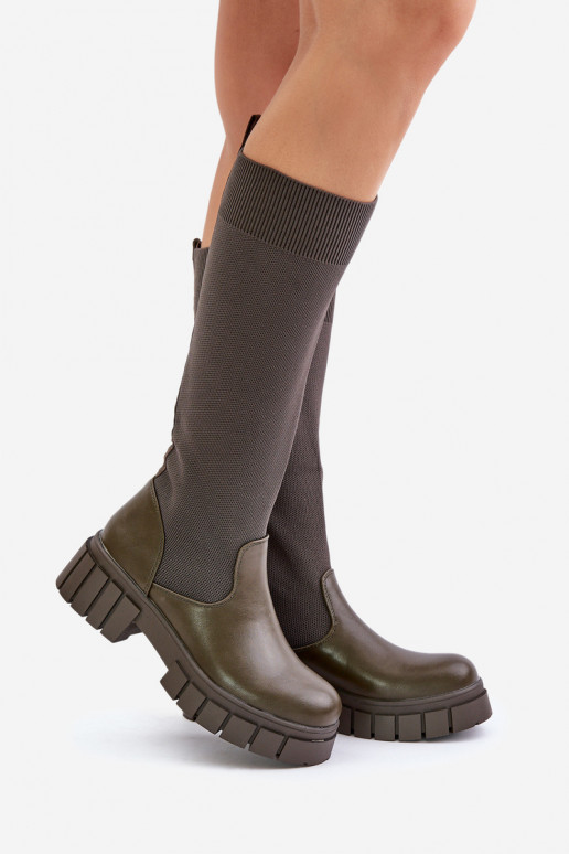 botas Com topo flexível com salto largo cor cáqui Mesidra botas Com topo flexível com salto largo cor cáqui Mesidra