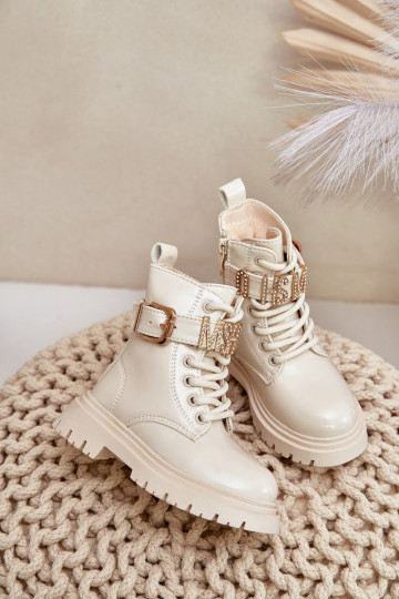 Botas Infantil com efeito verniz aquecimento com salto decorado bege Gilian 2