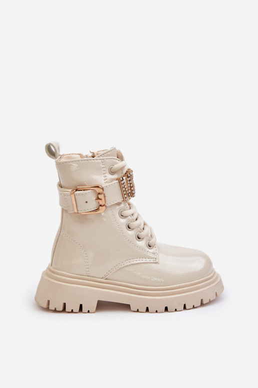 Botas Infantil com efeito verniz aquecimento com salto decorado bege Gilian Botas Infantil com efeito verniz aquecimento com salto decorado bege Gilian