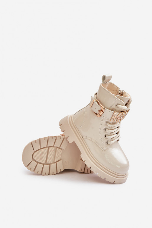 Botas Infantil com efeito verniz aquecimento com salto decorado bege Gilian Botas Infantil com efeito verniz aquecimento com salto decorado bege Gilian