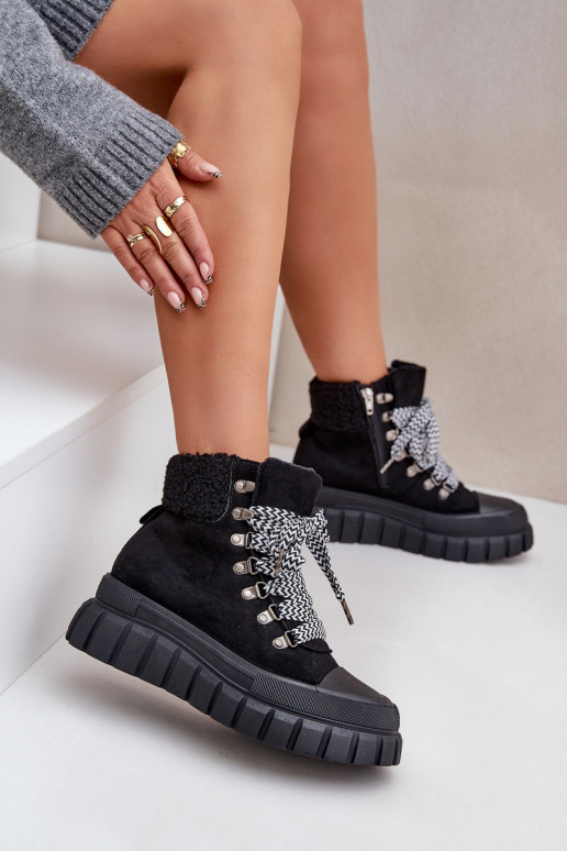 Botas forradas femininas com plataforma na cor preta Alcyhen