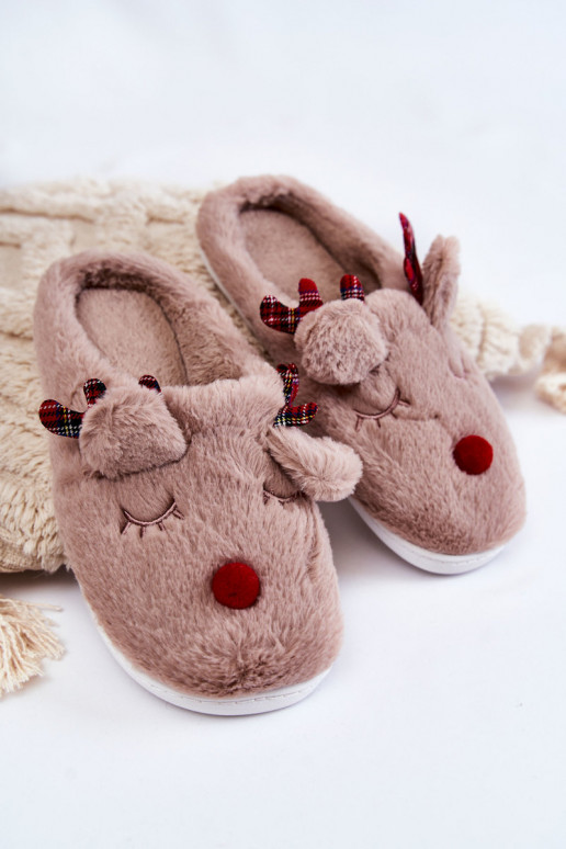 Chinelos femininos Christmas com pele e renas, cor areia Clarie