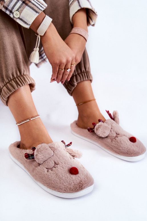 Chinelos femininos Christmas com pele e renas, cor areia Clarie