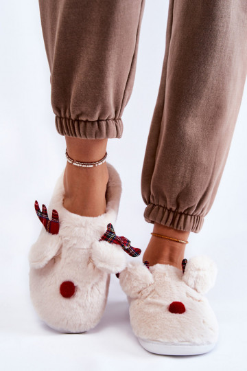 Chinelos femininos Christmas com pele e renas, cor creme Clarie 2