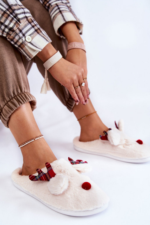 Chinelos femininos Christmas com pele e renas, cor creme Clarie