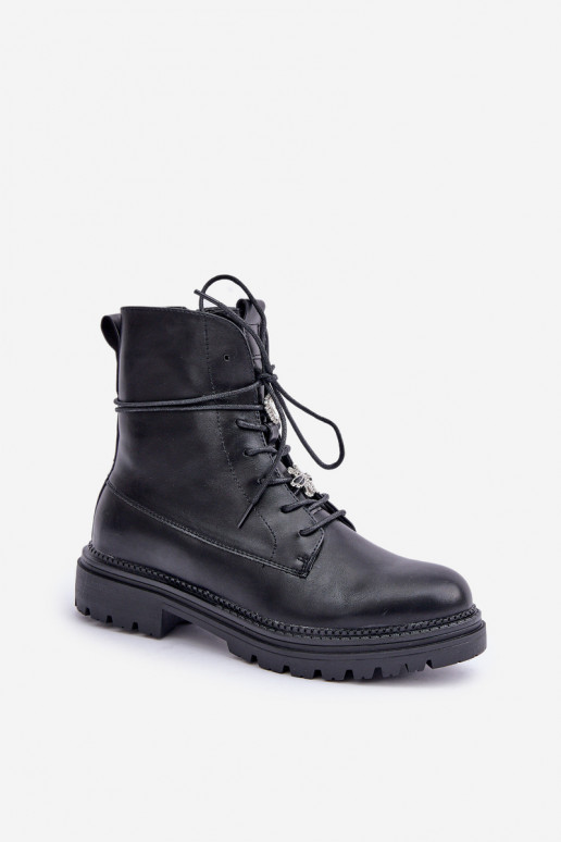 Botas de cano curto aquecidas com detalhes ajustáveis e cadarço pretas Irivina