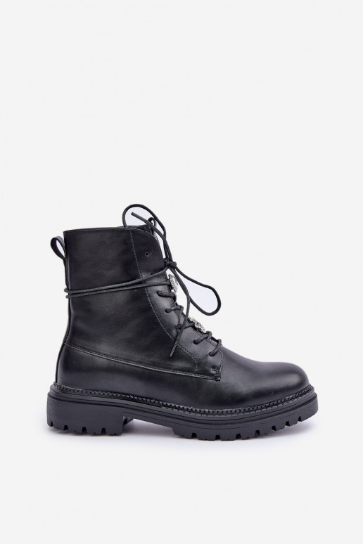 Botas de cano curto aquecidas com detalhes ajustáveis e cadarço pretas Irivina