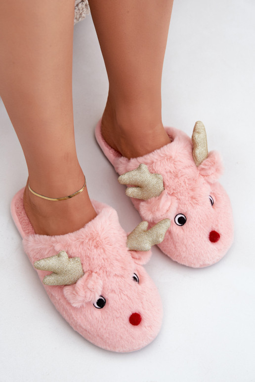 Chinelos de Natal com tema de renas com pelúcia na cor rosa Asielle