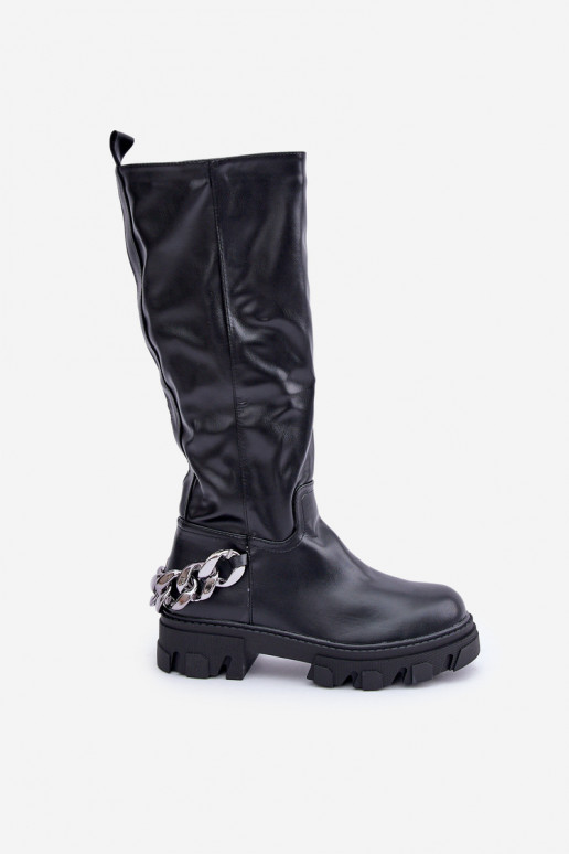 Botas de cano longo com saltos largos e correntes na cor preta Įjungtauricette