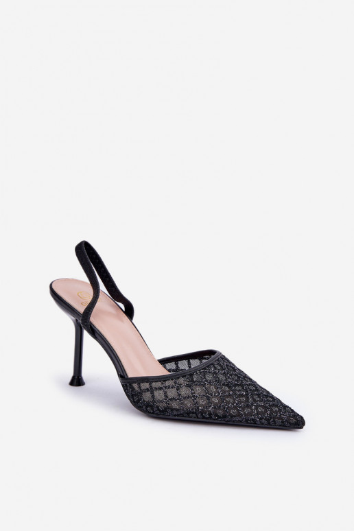 Sapatos de salto alto com calcanhar aberto decorados com brilho na cor preta Berilae
