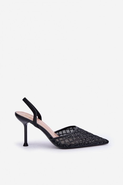 Sapatos de salto alto com calcanhar aberto decorados com brilho na cor preta Berilae