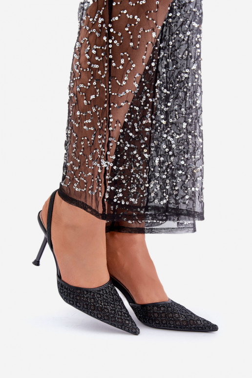 Sapatos de salto alto com calcanhar aberto decorados com brilho na cor preta Berilae
