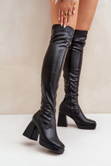 Ajuste justo botas acima do joelho com salto cor preta Sanniraen 2