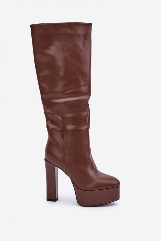 Botas Altas com Salto e Plataforma em Couro Ecológico Marrons Felilorn
