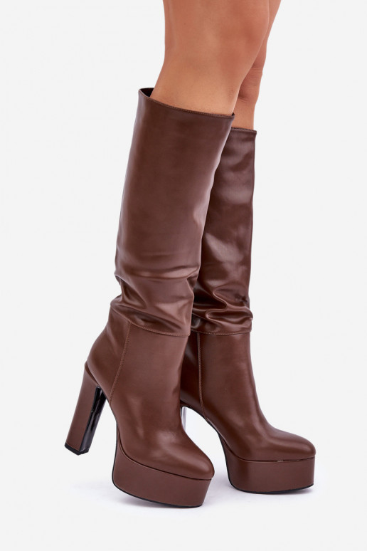 Botas Altas com Salto e Plataforma em Couro Ecológico Marrons Felilorn