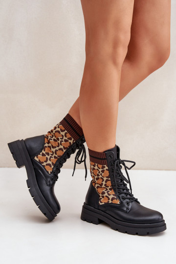 Botas de Trabalho Femininas com cano tipo meia em estampa de pelagem de leopardo pretas Penthis