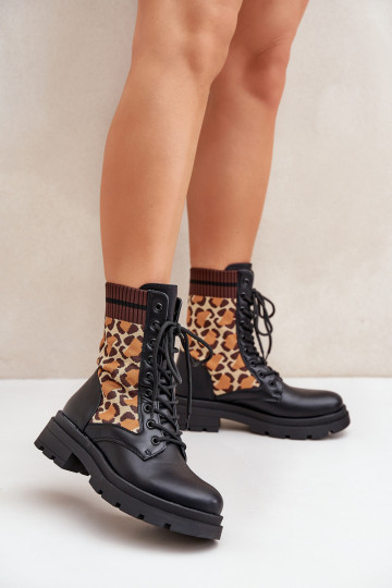 Botas de Trabalho Femininas com cano tipo meia em estampa de pelagem de leopardo pretas Penthis 2