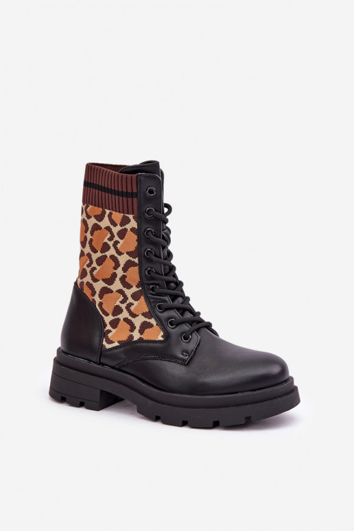 Botas de Trabalho Femininas com cano tipo meia em estampa de pelagem de leopardo pretas Penthis
