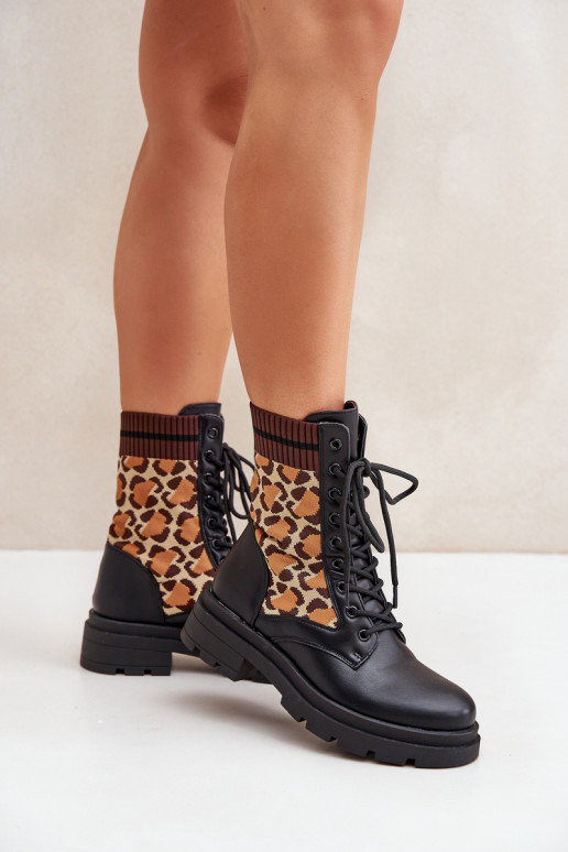 Botas de Trabalho Femininas com cano tipo meia em estampa de pelagem de leopardo pretas Penthis