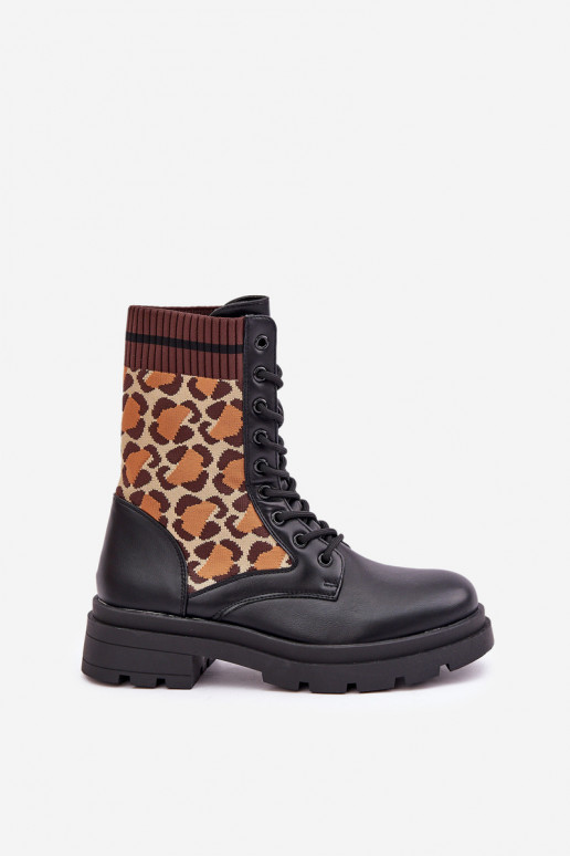 Botas de Trabalho Femininas com cano tipo meia em estampa de pelagem de leopardo pretas Penthis