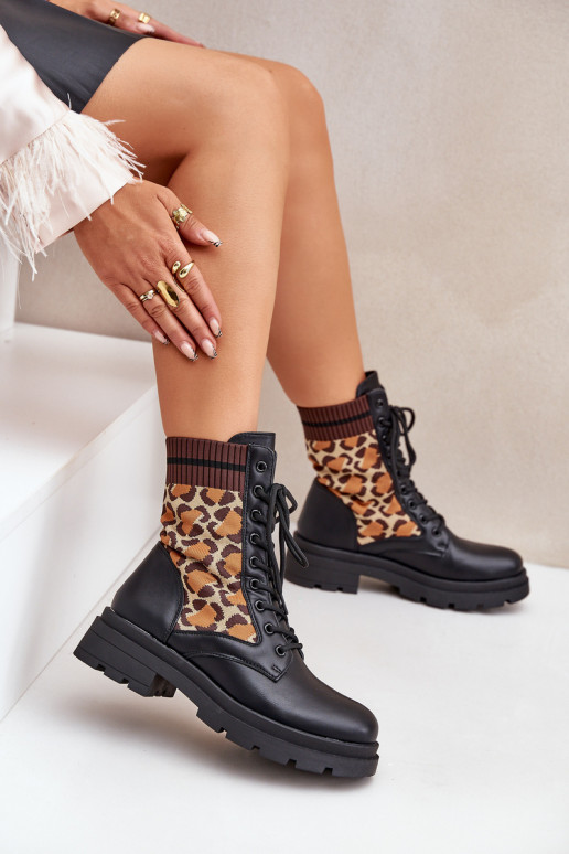 Botas de Trabalho Femininas com cano tipo meia em estampa de pelagem de leopardo pretas Penthis