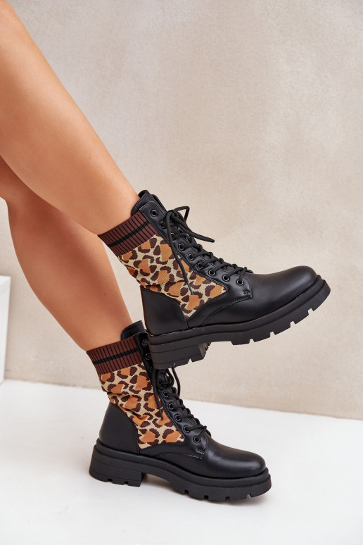 Botas de Trabalho Femininas com cano tipo meia em estampa de pelagem de leopardo pretas Penthis
