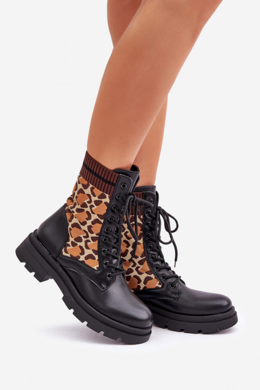 Botas de Trabalho Femininas com cano tipo meia em estampa de pelagem de leopardo pretas Penthis