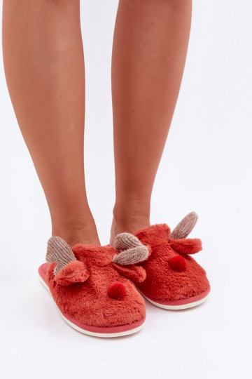 Chinelo feminino com pelúcia com tema de renas na cor coral Sennalith