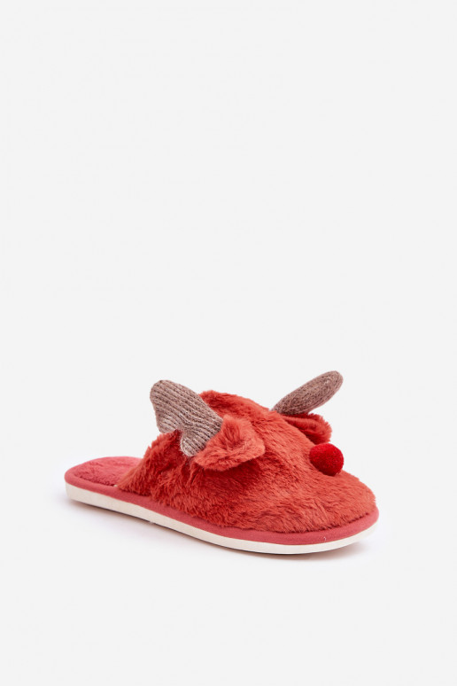 Chinelo feminino com pelúcia com tema de renas na cor coral Sennalith