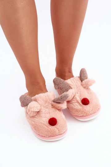 Chinelo feminino com pelúcia com tema de renas na cor rosa Sennalith