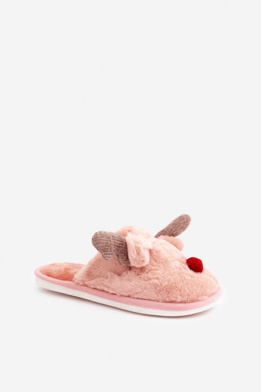 Chinelo feminino com pelúcia com tema de renas na cor rosa Sennalith