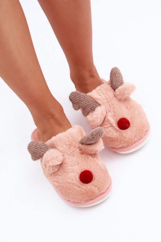 Chinelo feminino com pelúcia com tema de renas na cor rosa Sennalith