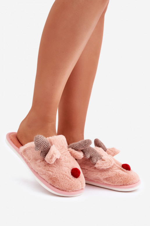 Chinelo feminino com pelúcia com tema de renas na cor rosa Sennalith